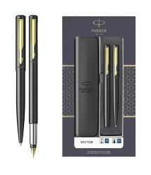 Set Parker Vector Metal Negru CT – stilou + pix, casetă cu fereastră și etui